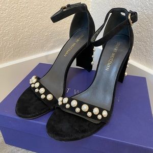 Stuart Weitzman “Morepearls” Black Suede and Pearl Block Heel Sandal